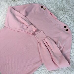 Lauren Ralph Lauren Ribbed Knit Sweater Medium Pink Bishop Sleeve Gold Buttons